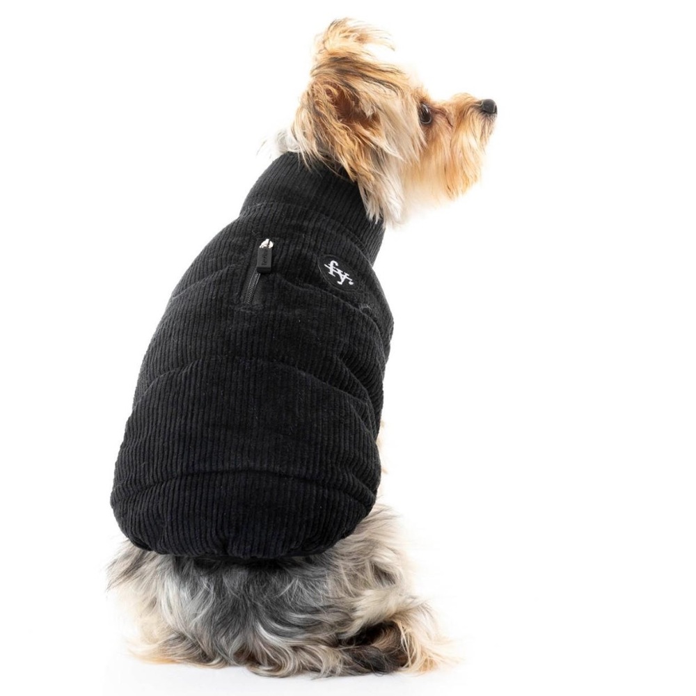 black corduroy puffy coat dog jacket